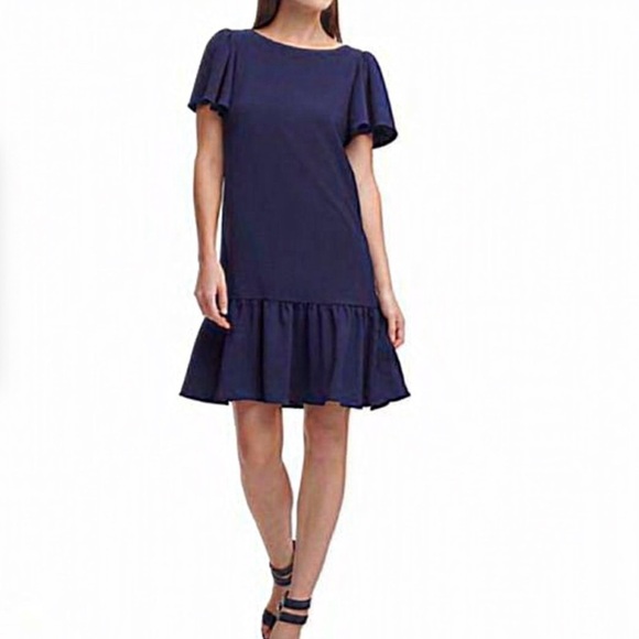 DKNY Shift Midi Dress Ruffle Flutter Sleeve Navy Size 4 - Picture 1 of 10